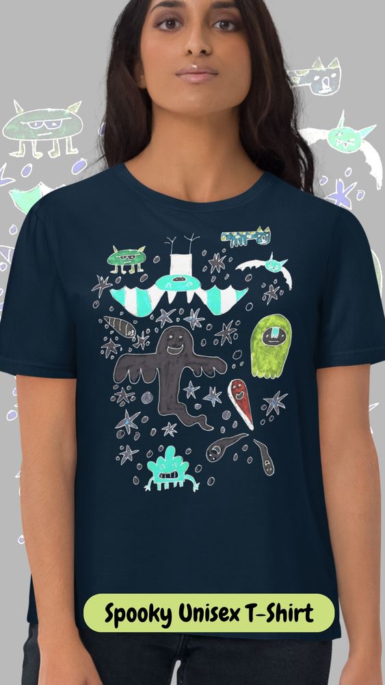 A slide from my latest You Tube Video featuring a female model wearing the Spooky Unisex T Shirt in navy.

  If you like short videos filled with unique spooky T Shirt designs,  then this one just might be for you.

https://youtube.com/shorts/qiYCmSmXYQw

Step into a world of creativity and fun with this whimsical hand drawn doodle inspired cartoon character unisex t-shirt. Made from 100% organic cotton, this tee features a collection of abstract and spooky playful characters in vibrant colors. 

Perfect for adding a touch of imagination to your wardrobe. Available in various sizes and in black of navy.

Design created with assistance from the AI Magic Background Remover in Canva.com

I combined all elements to create this video (including text, shapes, animation, layering and transparency options) using the video editor in canva.com 

Music track for this video provided within the You Tube Library. 

Click the channel bio to visit my online -
 catrionarobetsphotographyanddesignstoo.com , 
Fourthwall store and discover more about this fab unisex T Shirt design.

Click link on the main post to view the video.
