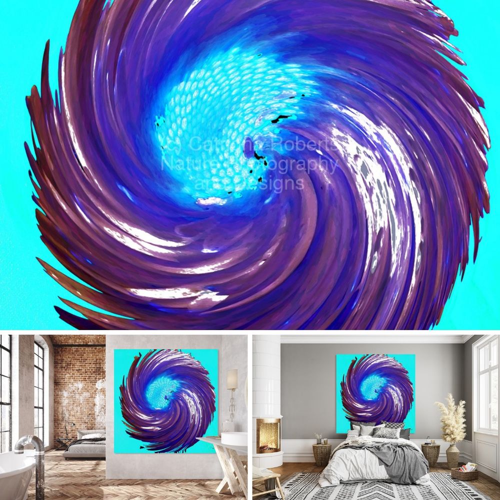 Above digital image featuring the design -

Abstract Swirling Turquoise Daisy Flower.

Lower left design on a Canvas Print on a bed/bathroom wall, lower right design on a Canvas Print on a wall above a bed. 

Originally a close up photo of a Daisy flower and a hand painted acrylic, laterally combined and digitally manipulated. 

Features a vibrant spiral of deep purples and blues. 

Centers on a bright, light blue focal point, creating a dynamic, swirling effect. 

The contrasting colors and sweeping motion give a sense of energy and movement.

Mockups combined within Elements using a grid format in canva.com
 
Click links on main post for options.
