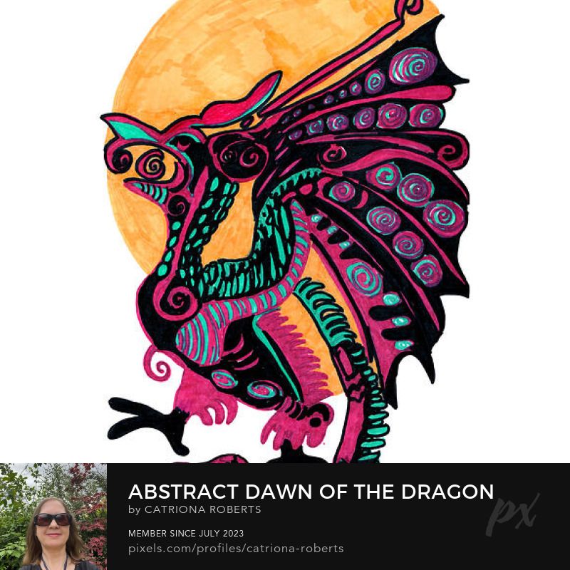 Digital image featuring the design- 

Abstract Dawn of the Dragon.
 
I drew this abstract design using coloured ink pens and paper. Features a vibrantly colored dragon with intricate patterns standing before a bright yellow sun, set against a plain background. 

The dragon's wings and body feature swirling details in pink, turquoise, and black, creating a striking contrast.

Click links on the main post for options.
