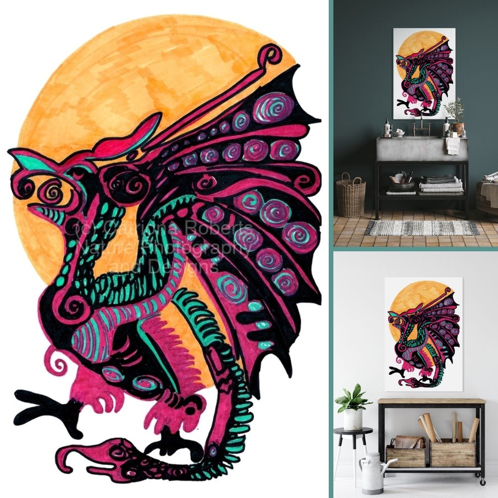 Upper/lower left digital image featuring the design- 

Abstract Dawn of the Dragon.

Upper right design on a Canvas Print on a wall above a sink, lower right design on a Canvas Print on a wall above a table. 

I drew this abstract design using coloured ink pens and paper. 

Features a vibrantly colored dragon with intricate patterns standing before a bright yellow sun, set against a plain background. 

The dragon's wings and body feature swirling details in pink, turquoise, and black, creating a striking contrast.

Mockups combined within Elements using a grid format in canva.com

Click links on the main post for options.
