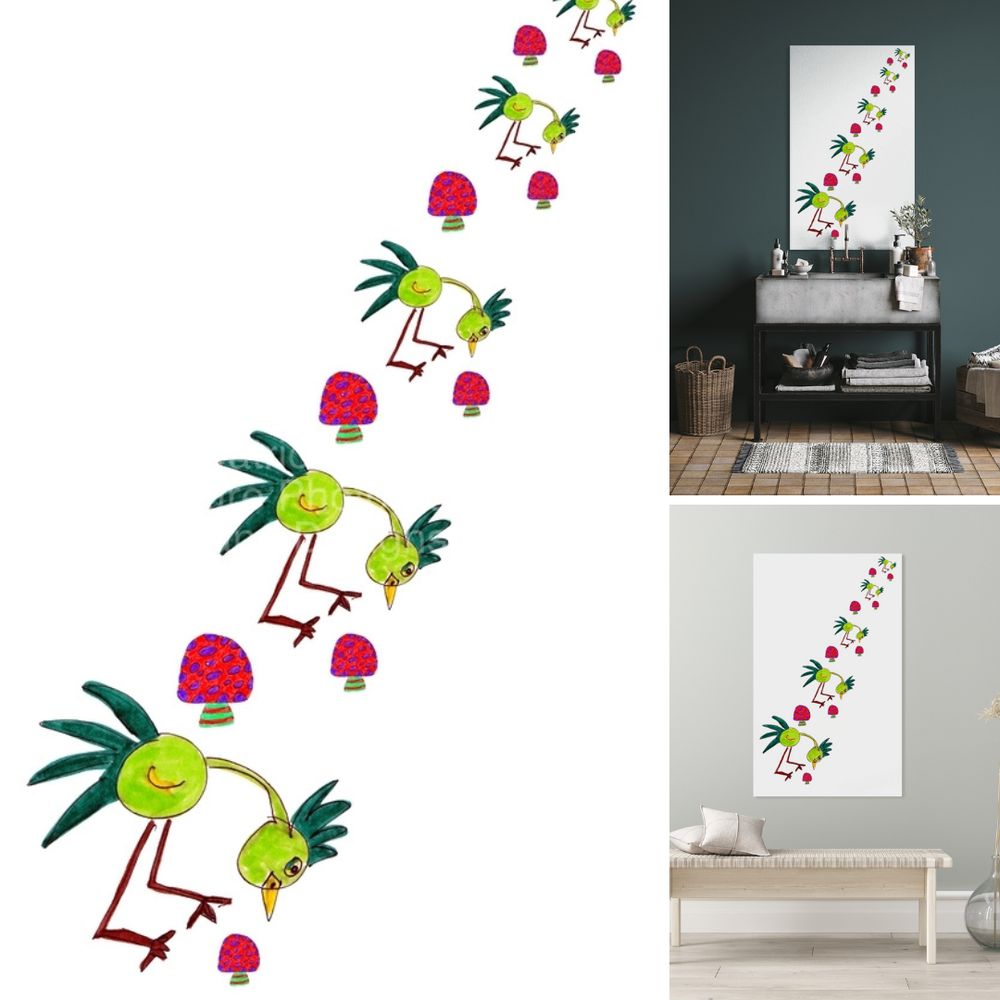 Upper left/right digital image featuring the design- 

Abstract Doodle Mushrooms and Birds.

Upper right design on a Canvas Print on a wall above a sink, lower right design on a Canvas Print on a wall above a bench. 

A hand drawn doodle inspired design created using coloured ink pens and paper.

Laterally digitally manipulated this (using the Magic Background Remover and Magic Grab in canva.com plus copying options) enabled this cute, fun design to emerge. Features series of whimsical, cartoonish birds with green bodies and red feet march diagonally across a plain background.

 Each bird is paired with a pink, mushroom, creating a playful and colorful pattern.

Why not really make this design your own and choose your preferred background colour option, available on all products except prints and wall art. 

Mockups combined within Elements using a grid format in canva.com

Click links on the main post for options.
