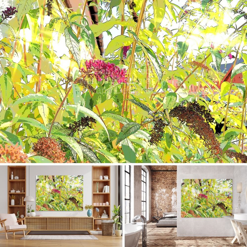 Above coloured photograph featuring the design - Buddleia Blooms.

Lower left design on a Canvas Print on a wall above a living room unit. 

Lower right design on a Canvas Print on a bedroom/bathroom wall.

I took this photo on a lovely summer's morning using a creative photographic filter. 

Features vibrant green leaves intertwining with purple and brown Buddleia flowers clustered together in a lively garden scene. 

Sunlight filters through the foliage, creating a bright and colorful tapestry. 

Mockups combined within Elements using a grid format in canva.com

Click links on the main post for options.
