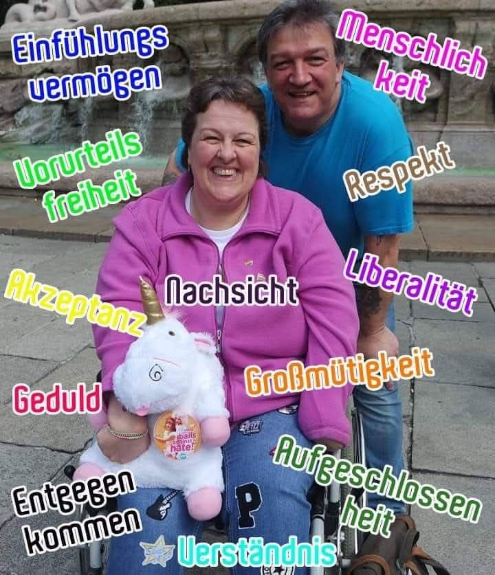 Zwei Personen, eine im Rollstuhl mit pinker Jacke, hält ein weißes Einhorn-Plüschtier, die andere steht dahinter in blauem T-Shirt. Bunte Wörter wie 'Nachsicht', 'Respekt' und 'Verständnis' umgeben sie.
