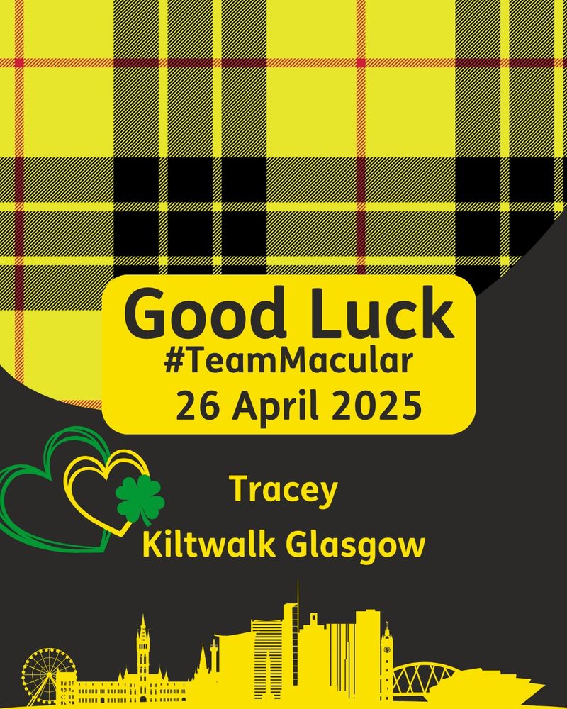 Good luck message for Tracey with Glasgow skyline, lucky clovers and black/yellow tartan. 