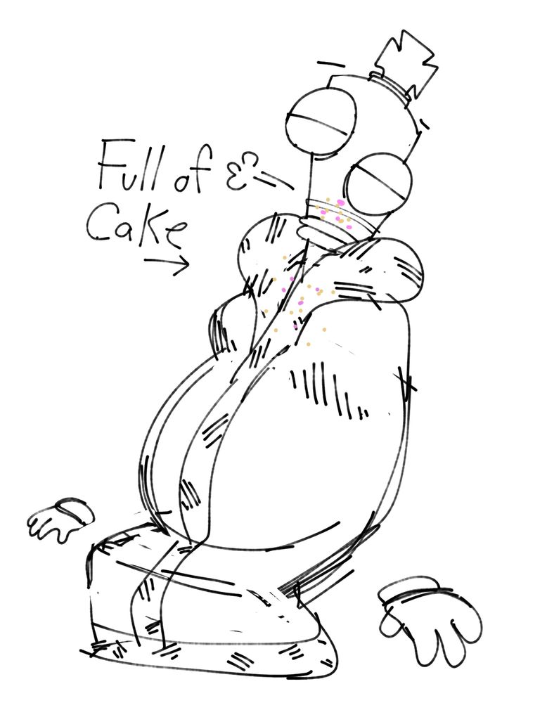 Sketch of Kinger looking content and sighing with a fat belly. Text pointing at him says "Full of Cake"
