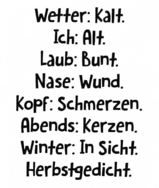 Wetter:   kalt
Ich:         alt
Laub:      bunt
Nase:      wund
Kopf:       Schmerzen
Abends:  Kerzen
Winter:    in Sicht

Herbstgedicht! 