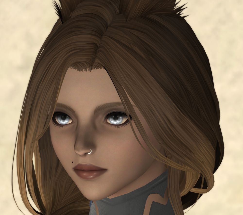 Close-up shot of Riko, a Rava Viera. She has light grey eyes, a beauty mark above her upper lip on and a silver nose piercing.