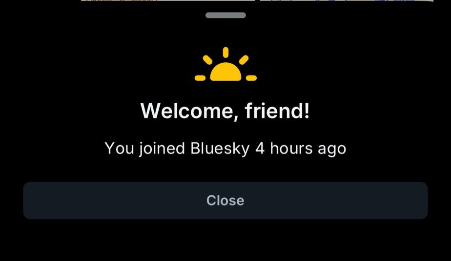 A half sun emoticon with Welcome, friend! You joined Bluesky 4 hours ago written underneath at the bottom 