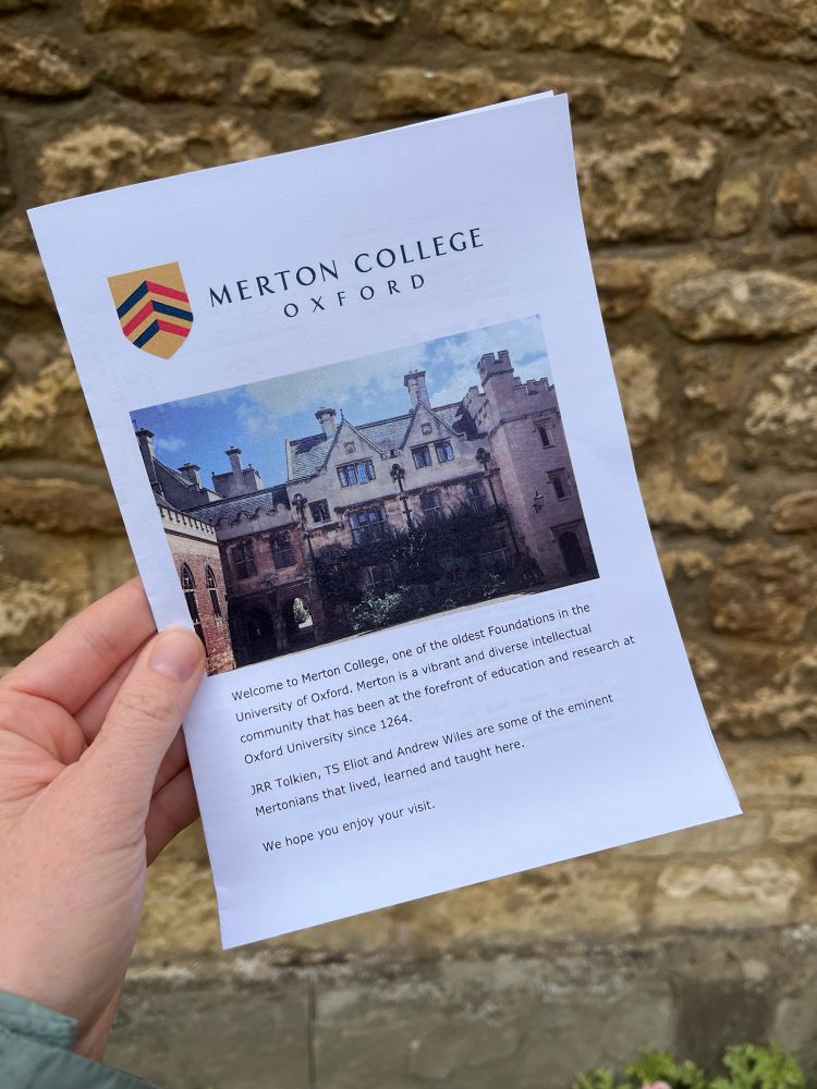 A pamphlet on Merton College Oxford that states Tolkien taught at the college.