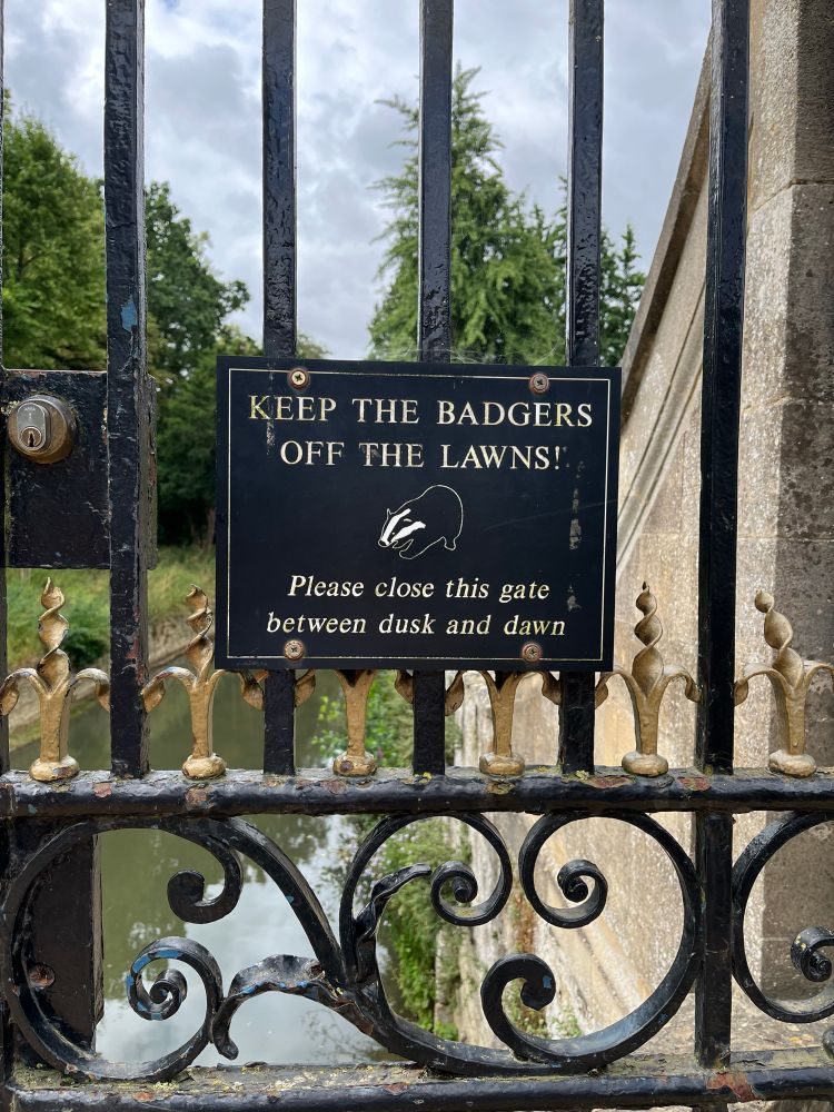 A sign on a gate reads “Keep the badgers off the lawns!”
