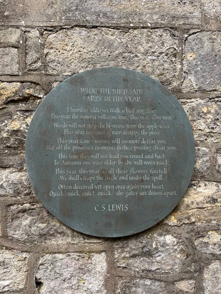 A plaque with an excerpt from a poem by C.S. Lewis about Addison’s Walk.