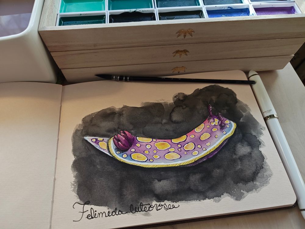 A watercolor painting of a nudibranch sea slug that's a gradient purple to blue, with yellow polka dots. The gills and rhinophores are both dark purple 