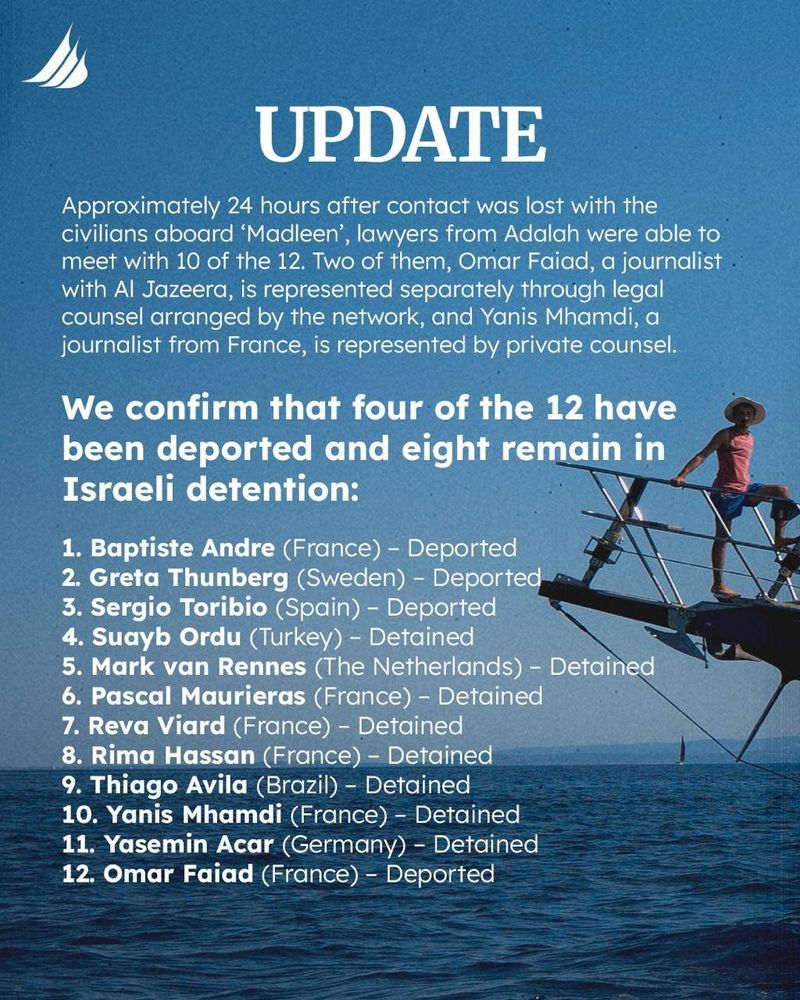 UPDATE

Approximately 24 hours after contact was lost with the civilians aboard 'Madleen', lawyers from Adalah were able to meet with 10 of the 12. Two of them, Omar Faiad, a journalist with Al Jazeera, is represented separately through legal counsel arranged by the network, and Yanis Mhamdi, a journalist from France, is represented by private counsel.

We confirm that four of the 12 have been deported and eight remain in Israeli detention:

1. Baptiste Andre (France) - Deported

2. Greta Thunberg (Sweden) - Deported

3. Sergio Toribio (Spain) - Deported

4. Suayb Ordu (Turkey) - Detained

5. Mark van Rennes (The Netherlands) - Detained

6. Pascal Maurieras (France) - Detained

7. Reva Viard (France) - Detained

8. Rima Hassan (France) - Detained

9. Thiago Avila (Brazil) - Detained

10. Yanis Mhamdi (France) - Detained

11. Yasemin Acar (Germany) - Detained

12. Omar Faiad (France) - Deported