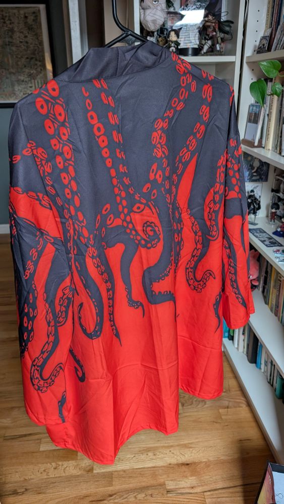 A haori type shirt, the top half is black with tentacles going down into the bottom red half, from the back