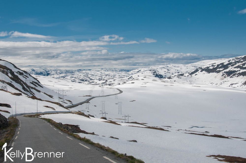 A vast expanse of snow with low hills and a lone road winding through