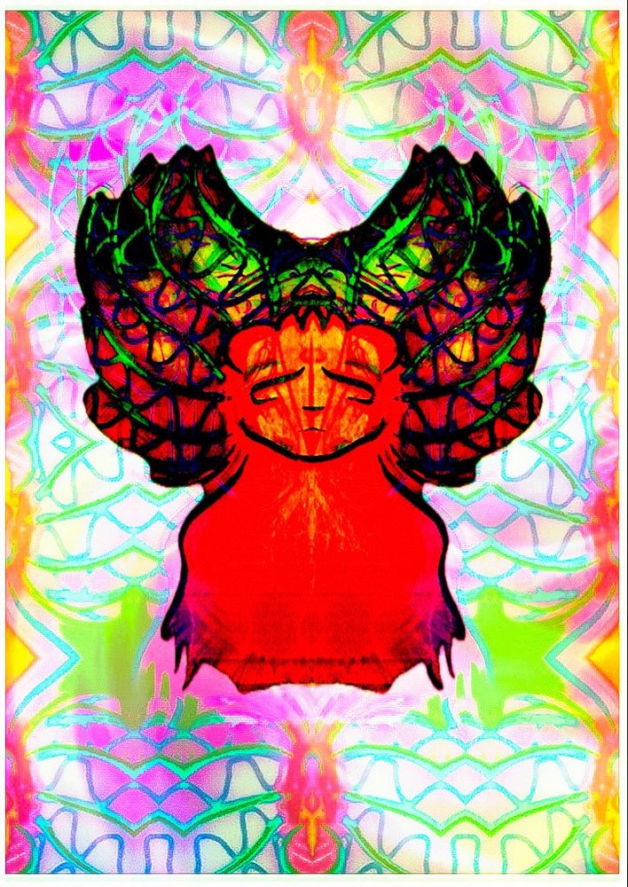 A symmetrical image of a red figure with a wild mane and a subtle third eye in the middle of the forehead. The figure is somewhat graphical and is in the middle of a field of symmetrical wavy lines and patterns. A field of visual music. 