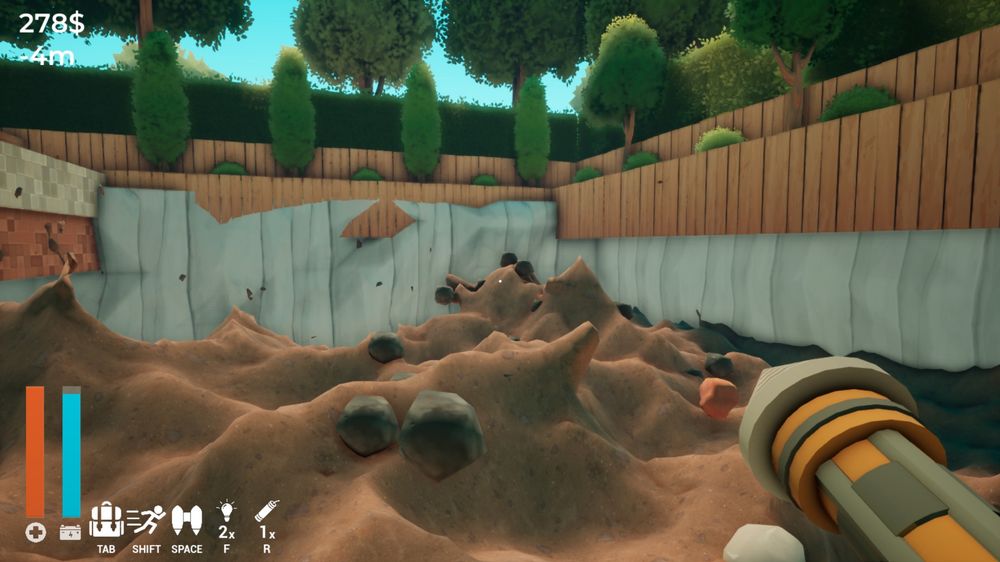 screen capture from the game "A Game About Digging a Hole" depicting a heavily fracked suburban backyard