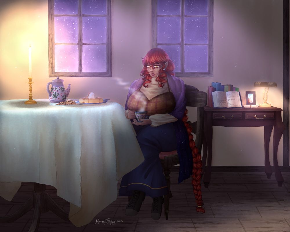 A digital painting of a woman with long, red, braided hair that reaches the ground. She sits at a table with a cup of tea, a lit candle, a teapot, a plate of pancakes and a plate of cookies. Behind her is a series of books and a memorial photograph that is blotted out by the desk lamp.