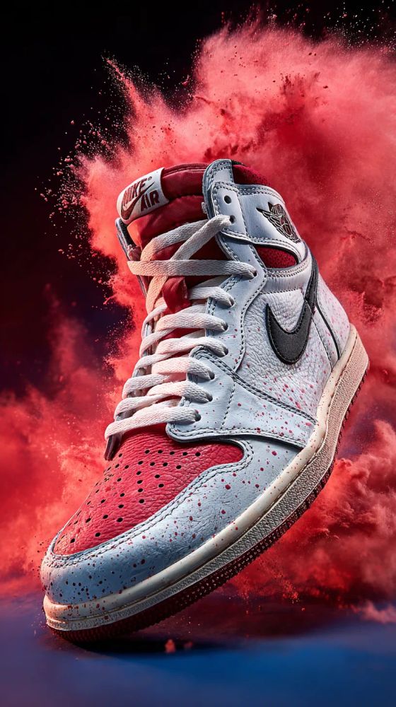 A single, high-top Air Jordan 1 sneaker is dynamically displayed against a backdrop of red and purple smoke. The shoe's toe and tongue are red leather with perforations, while the side panels and ankle are light grey leather with splatter-like red paint. A black Nike swoosh is visible on the side. The laces are white, and the midsole is slightly yellowed for a vintage look. The outsole is red. The "Nike Air" logo is present on the tongue. The background consists of swirling, semi-transparent red and purple clouds, creating a sense of motion and energy around the shoe. Lighting is dramatic, emphasizing the textures and colors of the shoe and smoke.