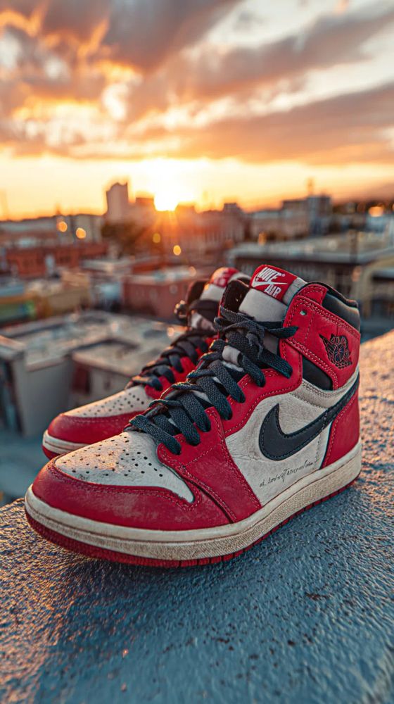 A pair of red, white, and black Air Jordan 1 sneakers are centered on a textured, gray rooftop, set against a blurred cityscape at sunset. The shoes, slightly worn, feature black laces and a black Nike swoosh on the side. The tongue of the sneakers is gray with a red "Nike Air" logo. The backdrop shows buildings and orange sky. The image is a close-up shot, highlighting the shoes and their urban setting. The lighting is warm due to the sunset, creating a soft, hazy effect. There's an inscription in cursive handwriting along the side of the shoe.