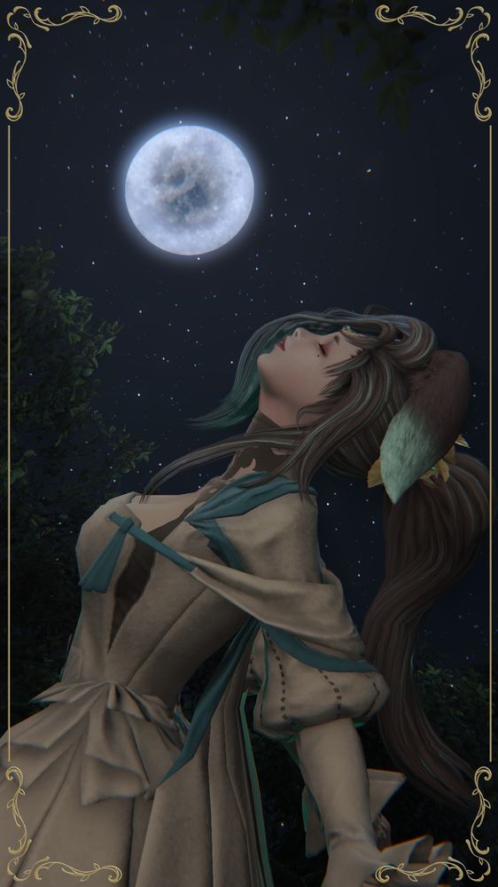 Cordelia (a Viera with floppy ears whose aesthetics are tones of natural browns and various Teals) leans back with her face to the sky. She appears to be caught between bathing and praying in the light of the full moon above her; all but worshiping the night. There is a sea of stars and a frame of trees in the background.