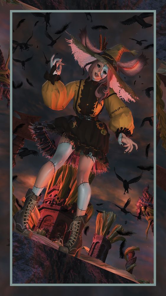 If you’re seeing this gpose turn around and run. Run fast and run far ~ for she has seen you, and this brainless bunny is looking for one as she has lost her own…

How you ended up at Storm’s Crown I do not know, but now you’re here and trying to escape make sure not to trip over the rumble and straw coloured hair which covers this magical land. The storming skies are an ill omen, and one which seems to have called forth this undead version of Buns with her army of corvids which litter the sky…

This version is dressed as a scarecrow, clothes made of hemp and straw. Limbs sewn together, parts of her body have turned blue from death as she keeps stitching herself back to together. It seems this appearance has made you freeze, as you take in the cute attire in contrast with the undead elements. She has those unnaturally wide eyes and emotionless smile which can only mean one thing…

You’ve got to unfreeze now. 
You’ve got to run.
She is coming for your brain.

((This was a fun, silly little story-based description to write! Hope you enjoyed 🧡))