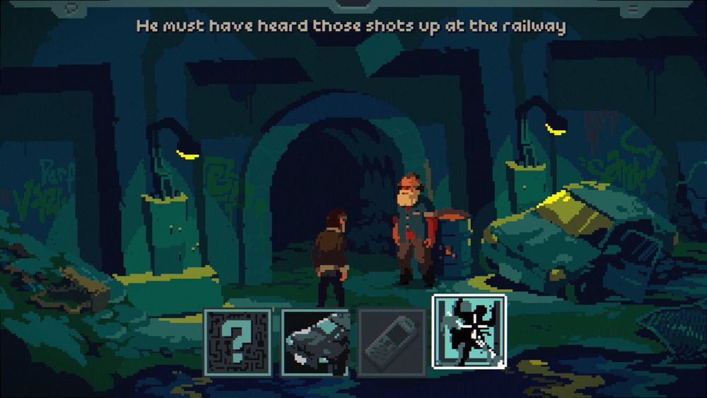 screenshot from the drifter of a man talking to another man outside of a tunnel