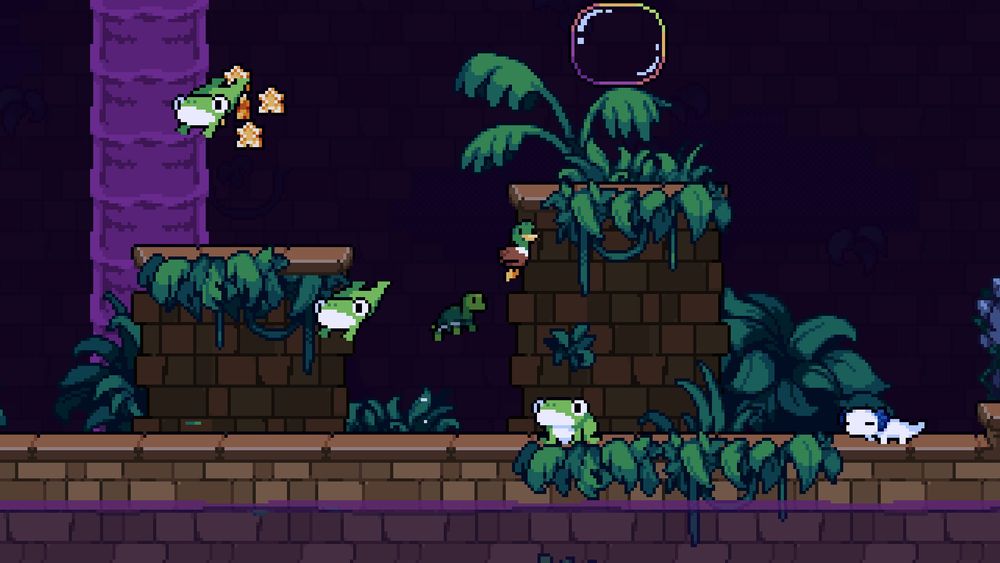 duck and turtle jumping over frogs