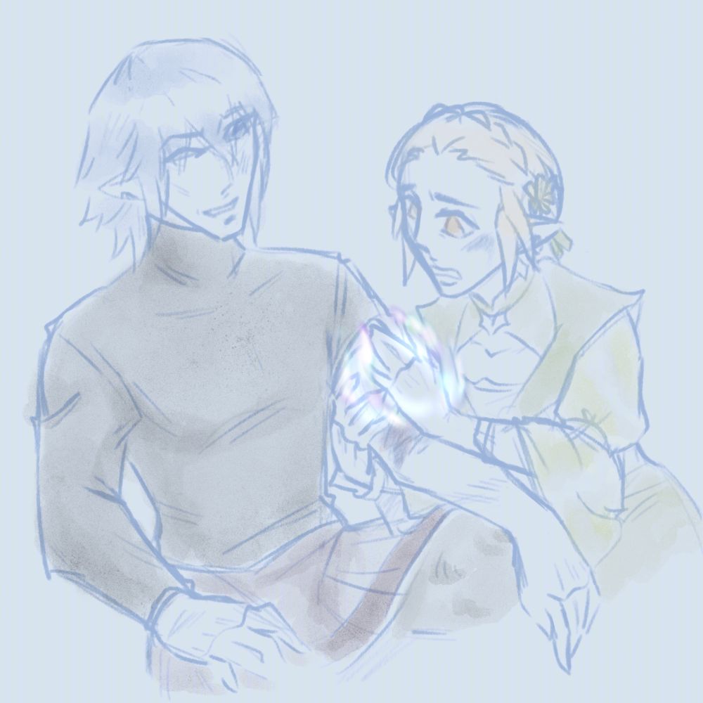 Haurchefant on left looks across Ériu with a pained smile as Ériu on right looks so worried as she's casting healing spell to heal his wounds, both seemingly battered up 

