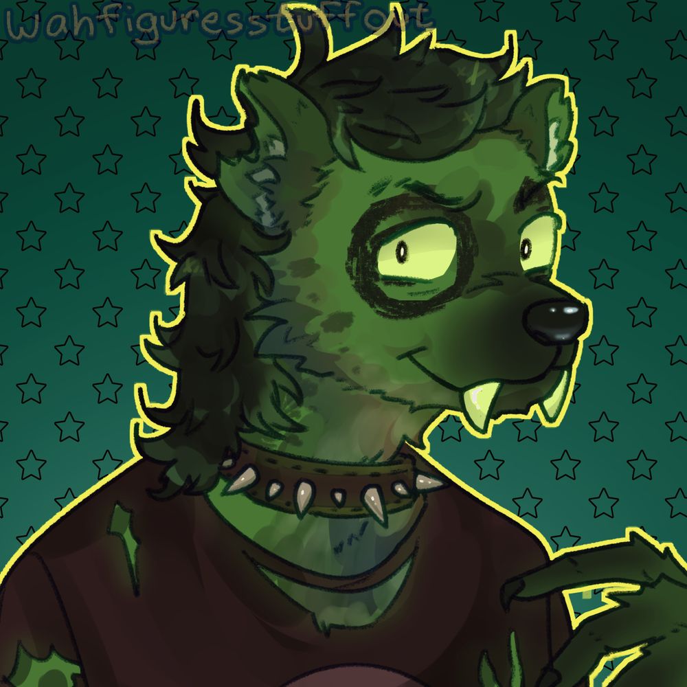 digital art of an anthropomorphic hyena. he's sassy, has green fur with dark spots, a painted black circle around his eye and a torn left ear. he has big fangs, a spiked collar and black torn shirt.