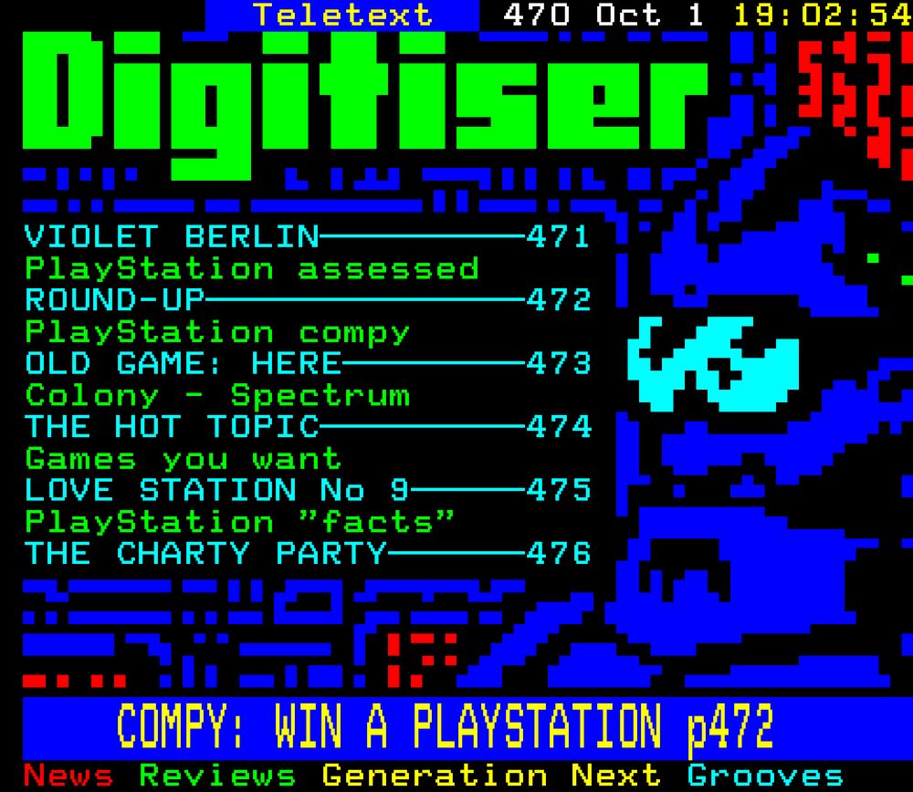 The main menu page for Digitiser with its cool teletext artwork of a blue mohwaked dude with shades, and 6 categories of text. Playstation assessed, plus an old game - Colony for the Spectrum. Retro nostalgia in the mid 90s!