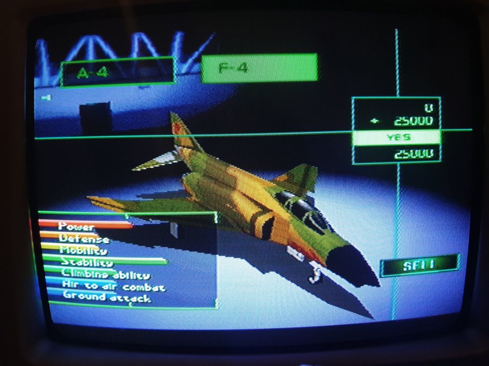 A CRT screenie of a 3D polygonal F4 Phantom in jungle camo livery with various stats and a buy price.