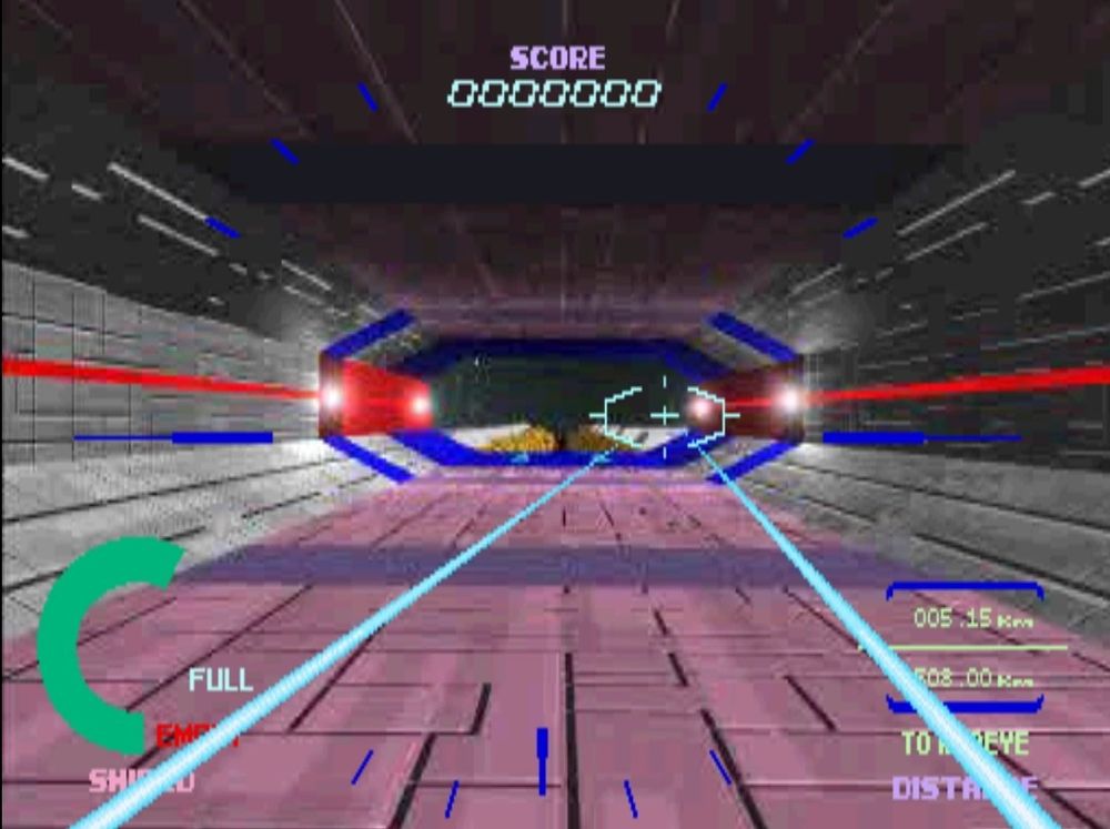A snap showing the streamed FMV-ey rendered background and the first-person on-rails shooting gameplay.