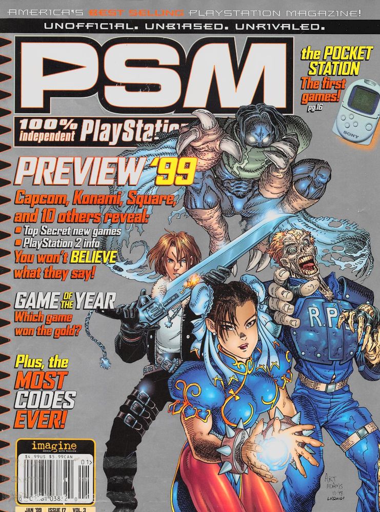 Jan 1999's PSM cover with Chun Li, a Racoon Police zombie, Squal, and Raziel posed on the cover - plus Pocket Station, the first games!