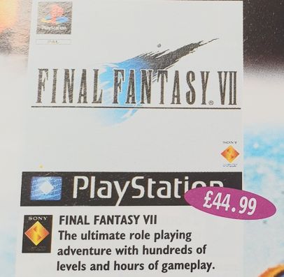 A snap of a GAME brochure with FF7 for £44.99 and describing it as "The ultimate role-playing adventure with hundreds of levels and hours of gameplay."
