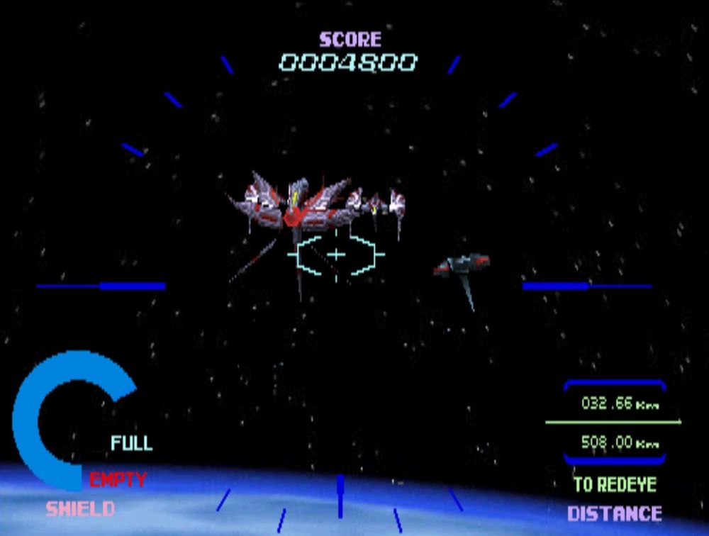 More spacey shooting with a rendered enemy ship in the crosshairs over a blue world