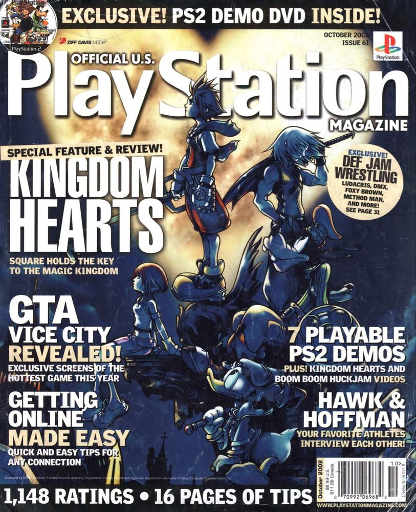 The cover of Official US PlayStation magazine with its Kingdom Hearts artwork and headline. Also, GTA Vice City revealed!