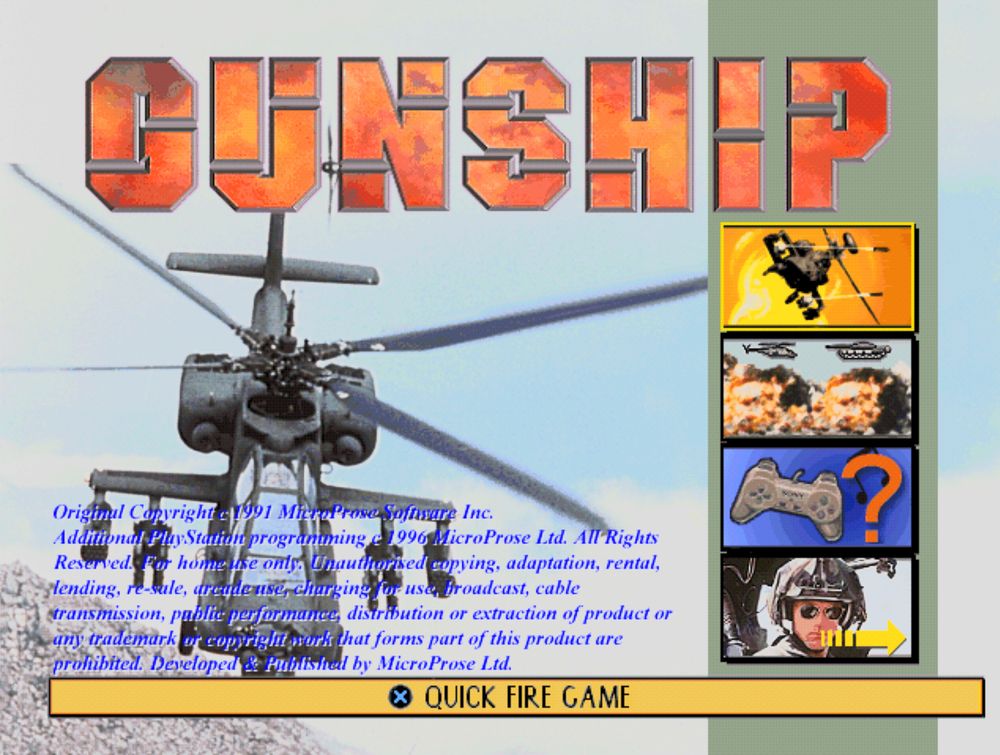 The title screen  for Gunship that uses the PlayStation's hi-res mode (as do most of its menus) that are a little bit painful to look at on crt tvs.