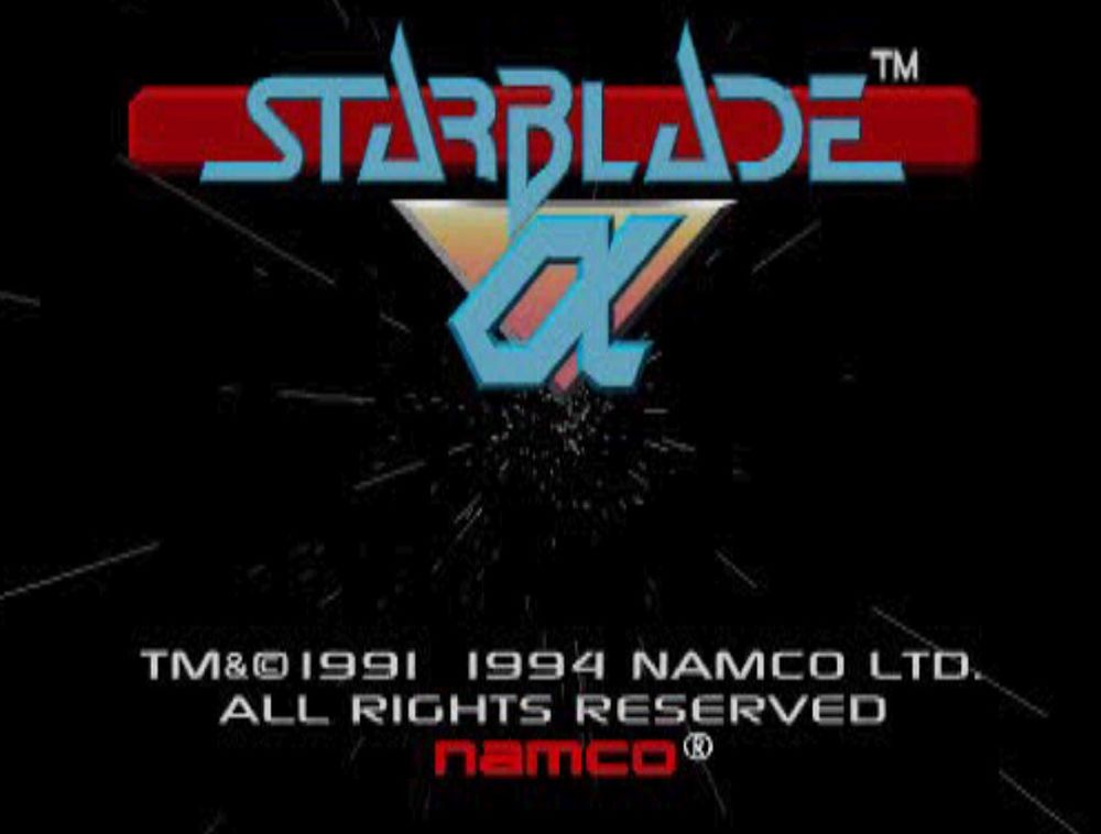 A snap of Starblade Alpha's title screen, with its starfield background and logo. Copyrights and rights below, plus the Namco logo. 1991/1994.