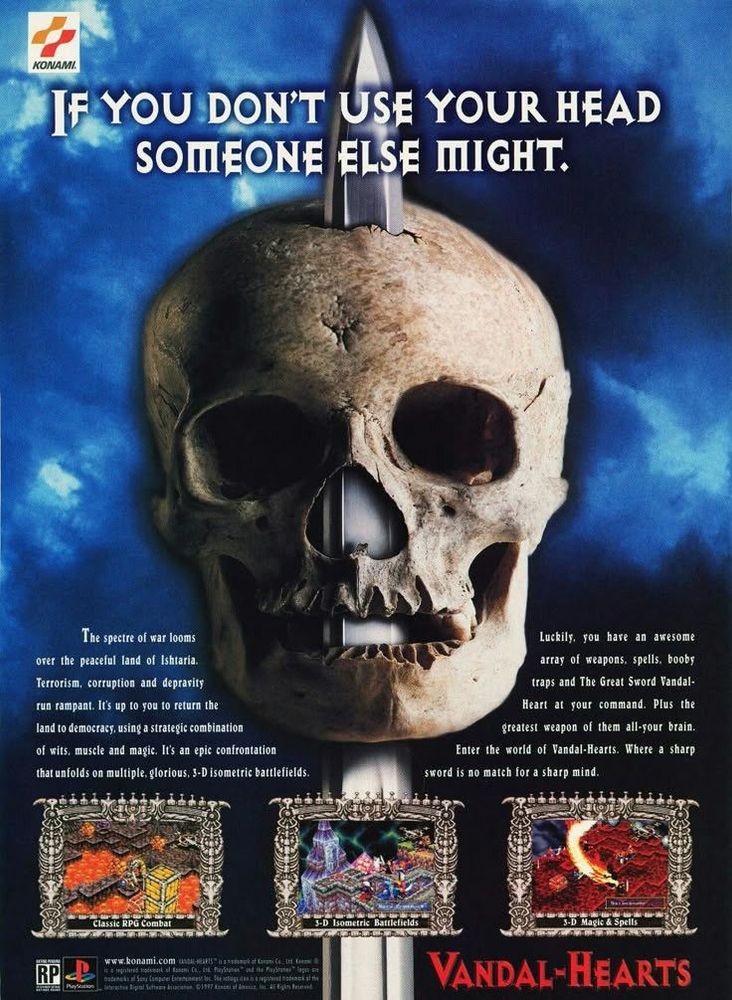 A magazine ad with a skull skewered on a sword blade and game screenies and blurb below.