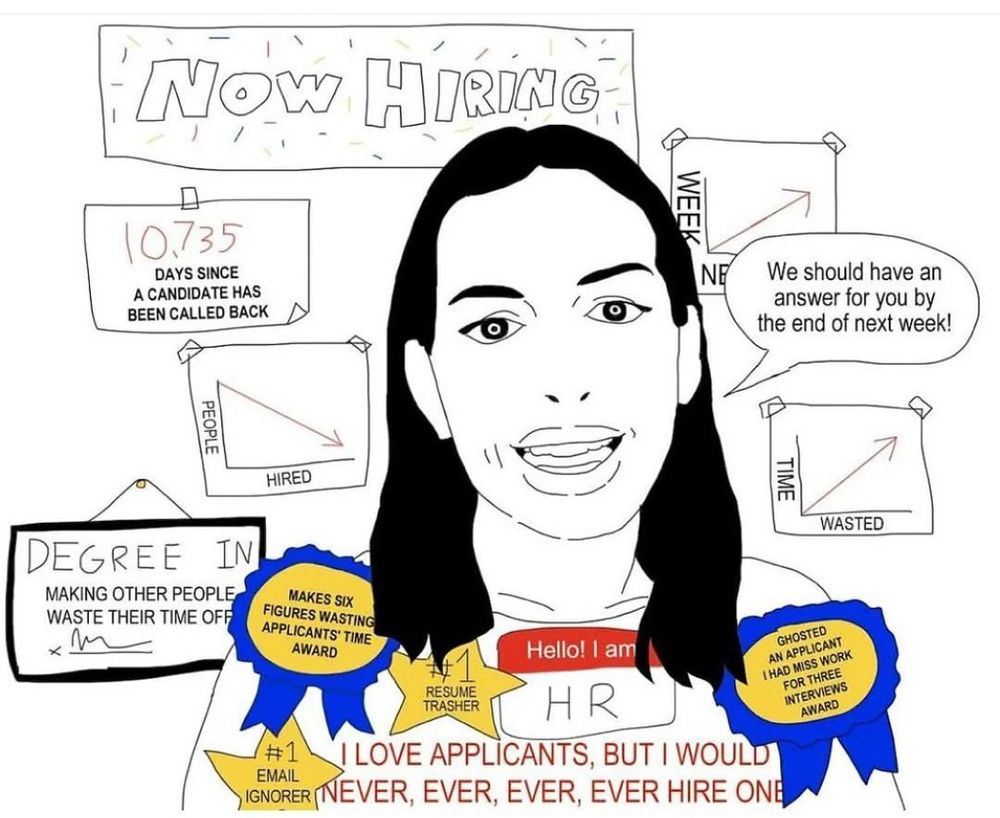 Wojak ms paint drawing of an HR job recruiter with a bunch of mocking graphs behind her saying they never hire people and her speech bubble says “we should have an answer for you by the end of next week!” and her accolade stickers on her chest say “#1 resume trasher” and “#1 email ignorer” and she’s smiling at the camera and there’s a ribbon on her shirt that says “ghosted an applicant i had miss work for three interviews award” 