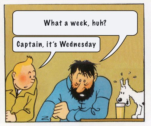 Captain - "What a week, huh?"
Tintin - "Captain. it's Wednesday"
