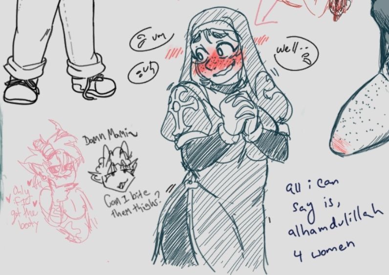 Drawpile doodle of Sister Scott getting flustered, including doodles of BishopInBlue's au Rachael (Succubus, "Red") and KalyBaly's au Crowley (Concubus, "Cuervo")