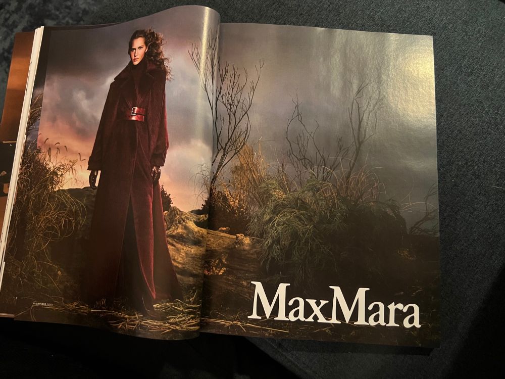 another moody Max Mara ad of a womN stood in a dramatic landscape, wearing her big coat