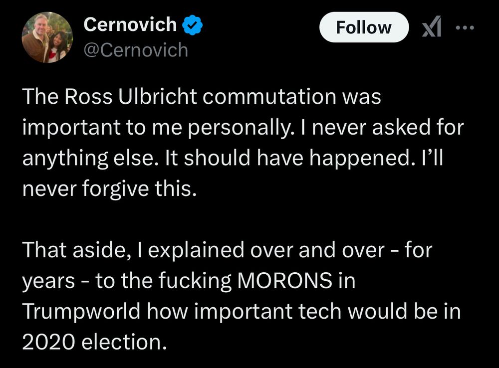 Mike Cernovich saying Trump should've pardoned Ross Ulbricht in his first term.