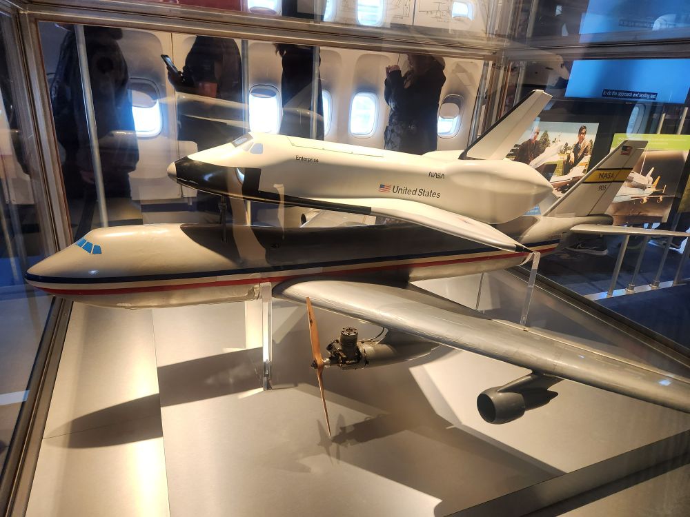 Display of RC scale size model to demonstrate a 747 could carry the Space Shuttle from Space Center Houston.