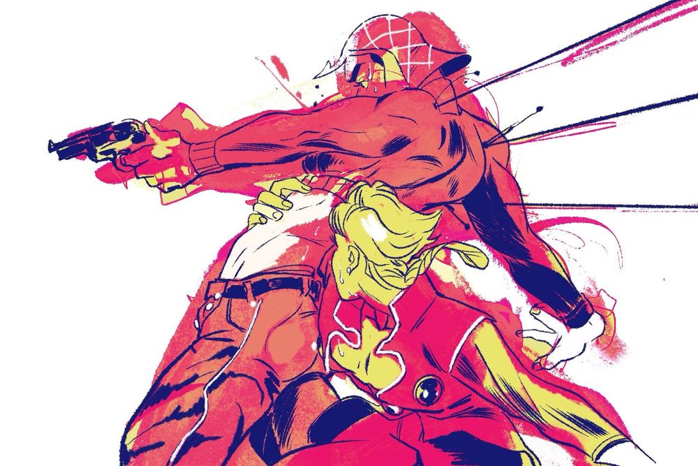 Two figures with one shooting a gun 