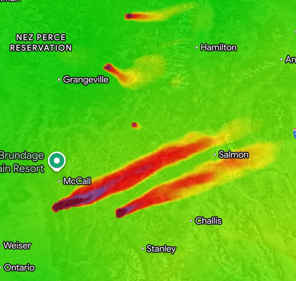 Air quality index shows the impact of wildfire smoke in Idaho on air quality. In the smoke plumes, the air quality is very poor.