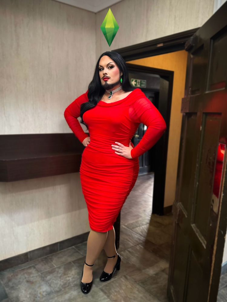 Drag queen dressed as Bella Goth from The Sims.