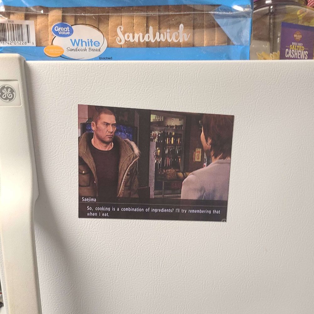 fridge magnet of the character Saejima from the Yakuza series of video games saying "So, cooking is a combination of ingredients? I'll try remembering that when I eat."